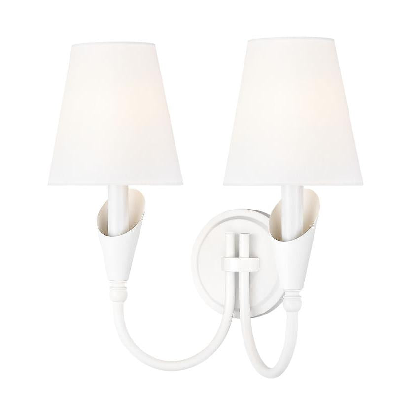 Z-Lite Claudelle 2-Light Candelabra Bulb Base Textured White Steel Frame White Fabric Shade Wall Sconce