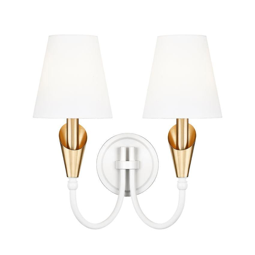 Z-Lite Claudelle 2-Light Candelabra Bulb Base Textured White and Modern Gold Steel Frame White Fabric Shade Wall Sconce