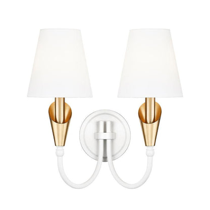 Z-Lite Claudelle 2-Light Candelabra Bulb Base Textured White and Modern Gold Steel Frame White Fabric Shade Wall Sconce