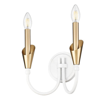 Z-Lite Claudelle 2-Light Candelabra Bulb Base Textured White and Modern Gold Steel Frame White Fabric Shade Wall Sconce