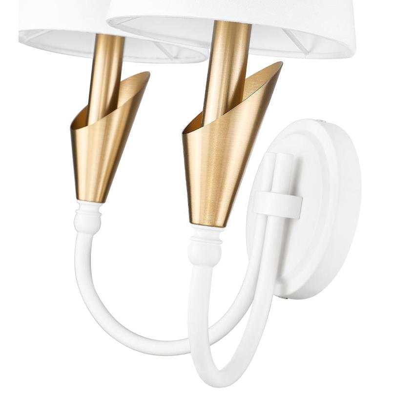 Z-Lite Claudelle 2-Light Candelabra Bulb Base Textured White and Modern Gold Steel Frame White Fabric Shade Wall Sconce