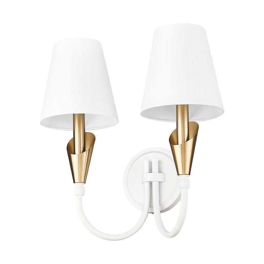 Z-Lite Claudelle 2-Light Candelabra Bulb Base Tundra White and Modern Gold Steel Frame White Fabric Shade Wall Sconce