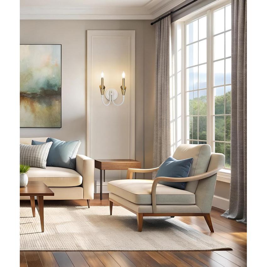 Z-Lite Claudelle 2-Light Candelabra Bulb Base Tundra White and Modern Gold Steel Frame White Fabric Shade Wall Sconce