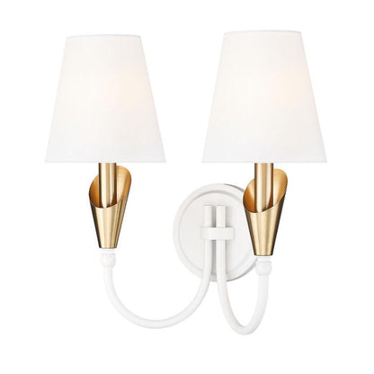 Z-Lite Claudelle 2-Light Candelabra Bulb Base Tundra White and Modern Gold Steel Frame White Fabric Shade Wall Sconce