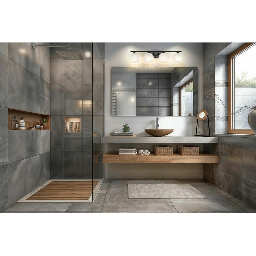 Z-Lite Colette 32" 4-Light Matte Black Steel Frame Feathered White Glass Shade Vanity Light