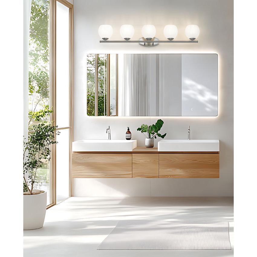 Z-Lite Colette 42" 5-Light Brushed Nickel Steel Frame Feathered White Glass Shade Vanity Light