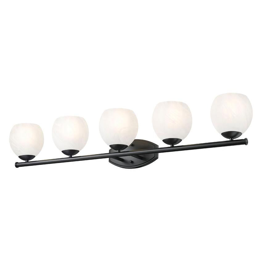 Z-Lite Colette 42" 5-Light Matte Black Steel Frame Feathered White Glass Shade Vanity Light