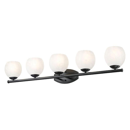Z-Lite Colette 42" 5-Light Matte Black Steel Frame Feathered White Glass Shade Vanity Light