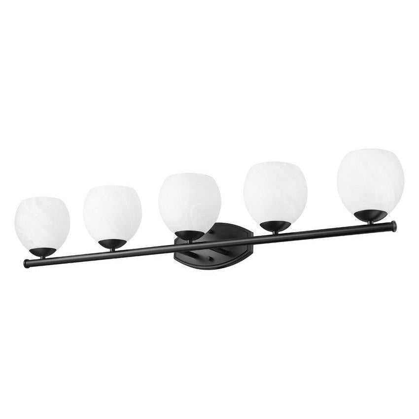 Z-Lite Colette 42" 5-Light Matte Black Steel Frame Feathered White Glass Shade Vanity Light