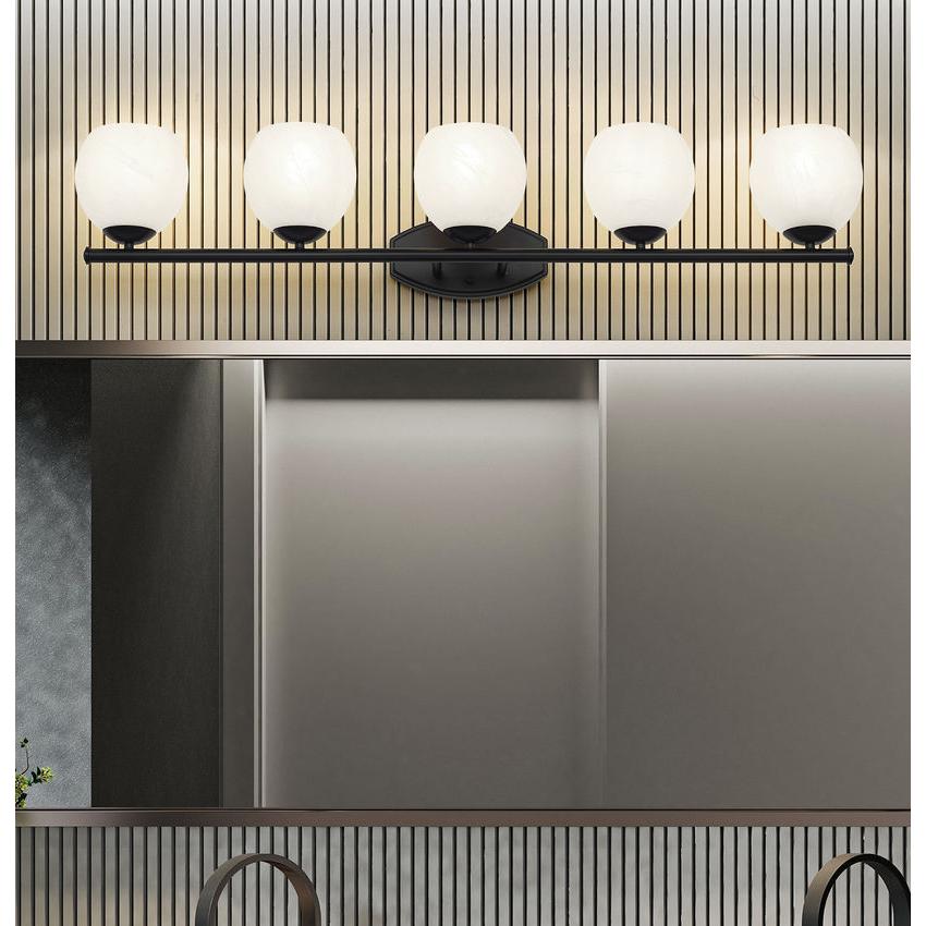 Z-Lite Colette 42" 5-Light Matte Black Steel Frame Feathered White Glass Shade Vanity Light