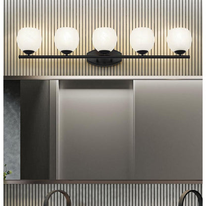 Z-Lite Colette 42" 5-Light Matte Black Steel Frame Feathered White Glass Shade Vanity Light