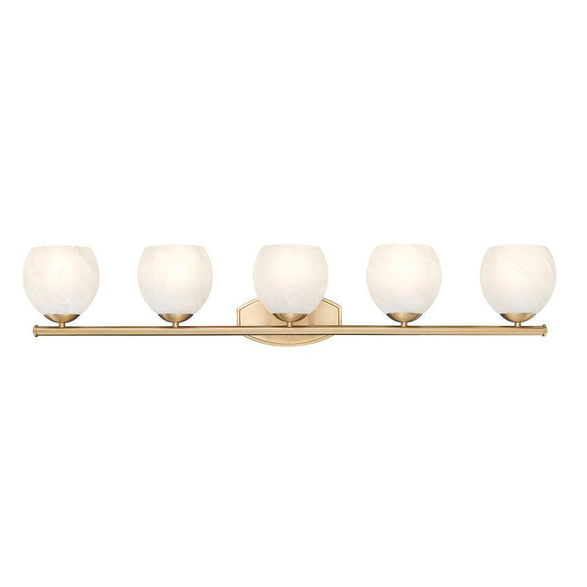 Z-Lite Colette 42" 5-Light Modern Gold Steel Frame Feathered White Glass Shade Vanity Light