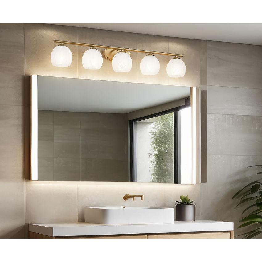 Z-Lite Colette 42" 5-Light Modern Gold Steel Frame Feathered White Glass Shade Vanity Light
