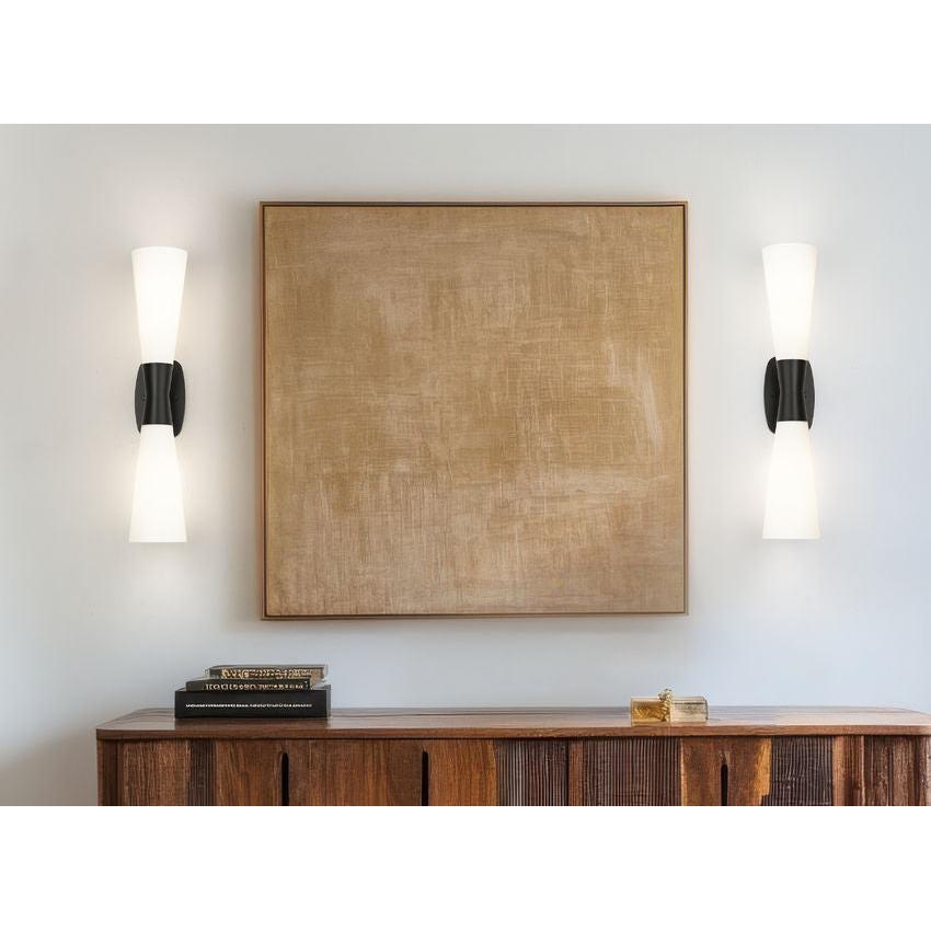 Z-Lite Emrys 6" 2-Light Matte Black Steel Frame White Opal Glass Shade Wall Sconce