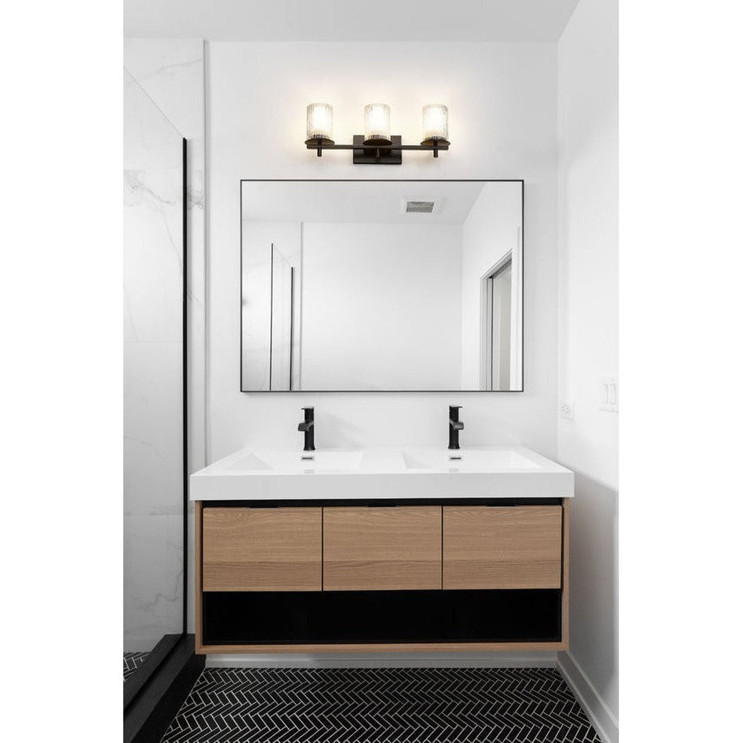 Z-Lite Grayson 26" 3-Light Matte Black and Clear With Etched Opal Glass Shade Vanity Light