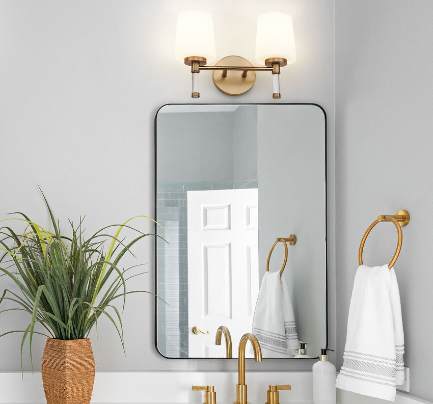 Z-Lite Henri 14" 2-Light Modern Gold Steel Frame White Opal Glass Shade Vanity Lighting