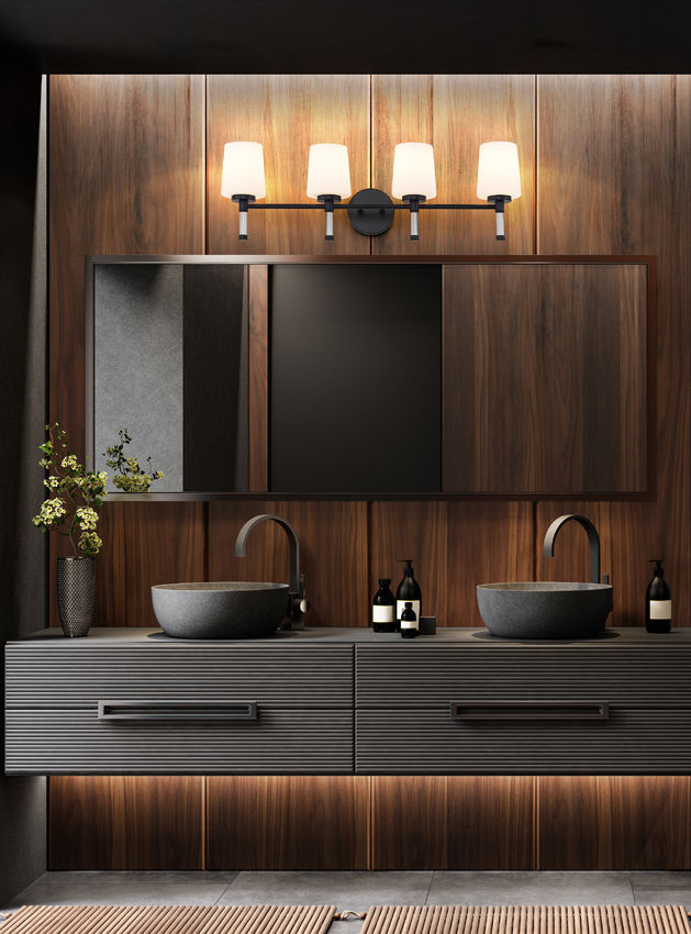 Z-Lite Henri 32" 4-Light Matte Black Steel Frame White Opal Glass Shade Vanity Lighting