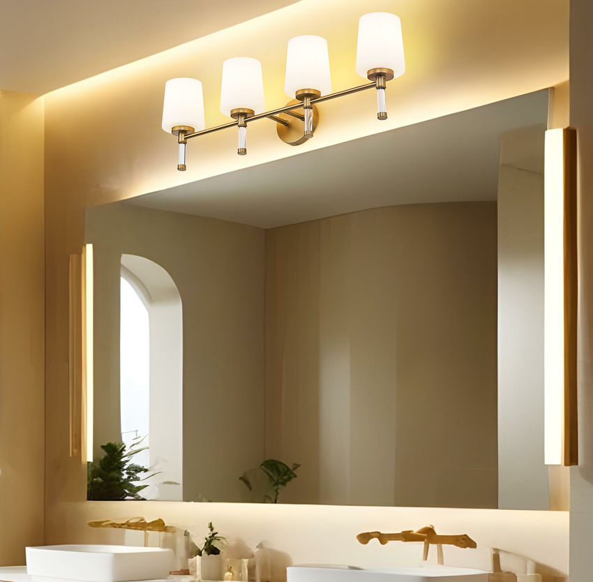 Z-Lite Henri 32" 4-Light Modern Gold Steel Frame White Opal Glass Shade Vanity Lighting