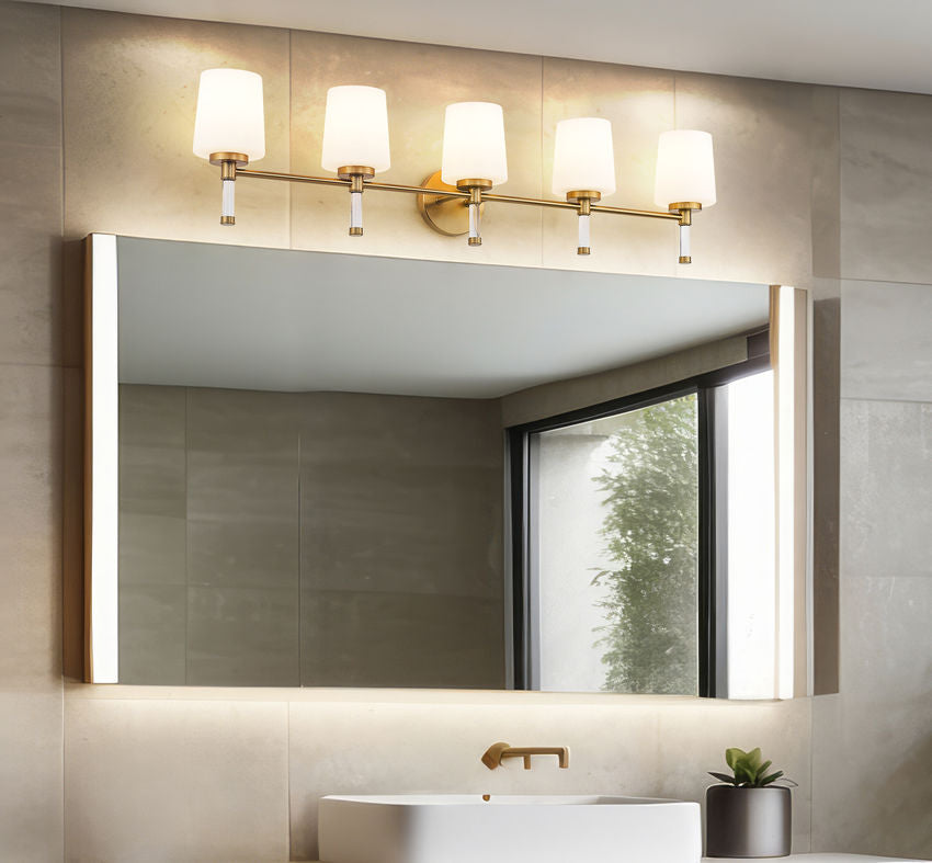 Z-Lite Henri 42" 5-Light Modern Gold Steel Frame White Opal Glass Shade Vanity Lighting