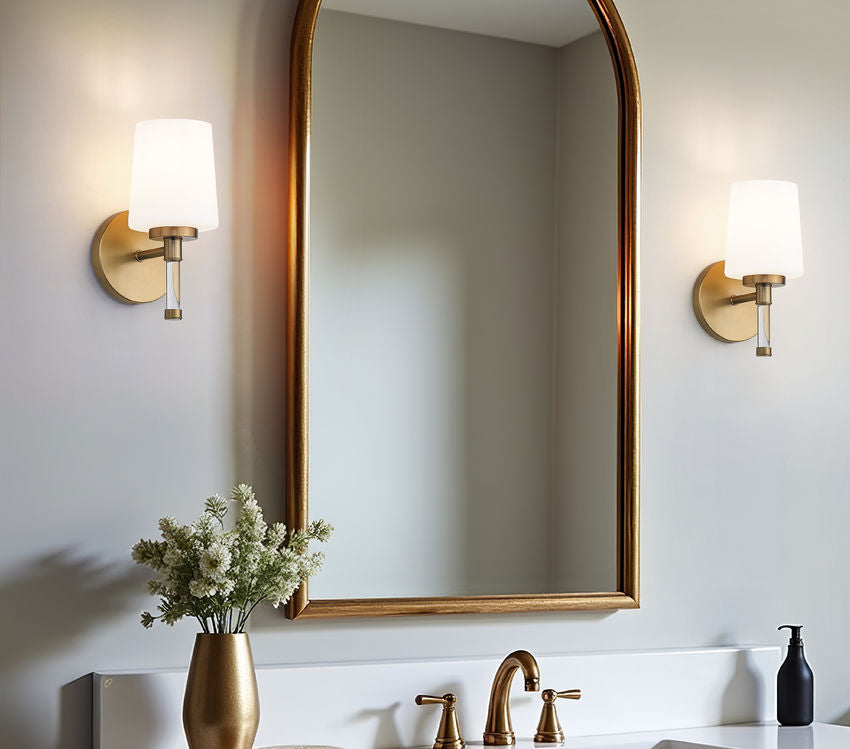 Z-Lite Henri 7" 1-Light Modern Gold Steel Frame White Opal Glass Shade Vanity Lighting