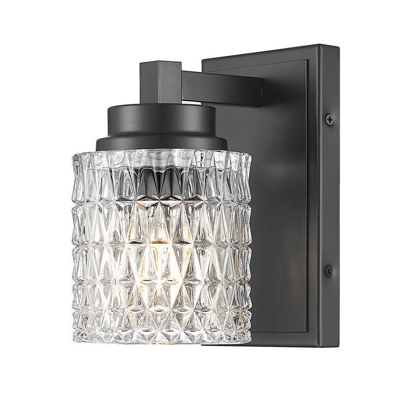 Z-Lite Jacqueline 7" 1-Light Matte Black Steel Frame Clear Diamond Glass Shade Wall Sconce