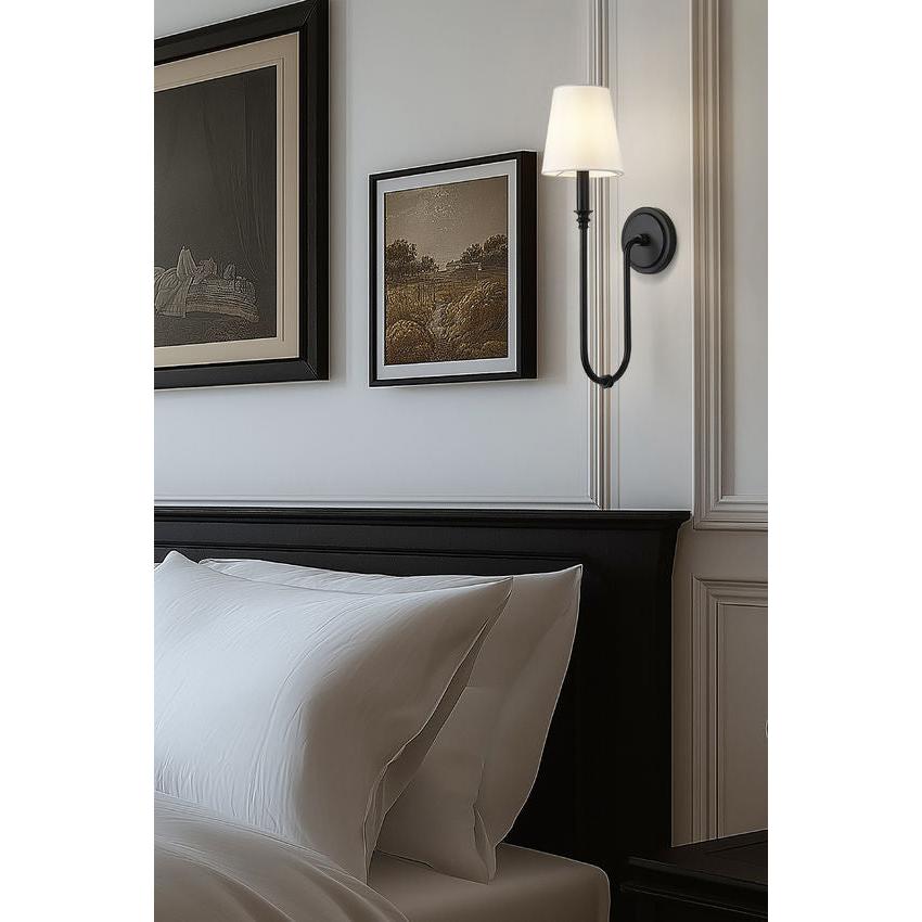 Z-Lite Jisele 6" 1-Light Matte Black Steel Frame White Linen Shade Wall Sconce