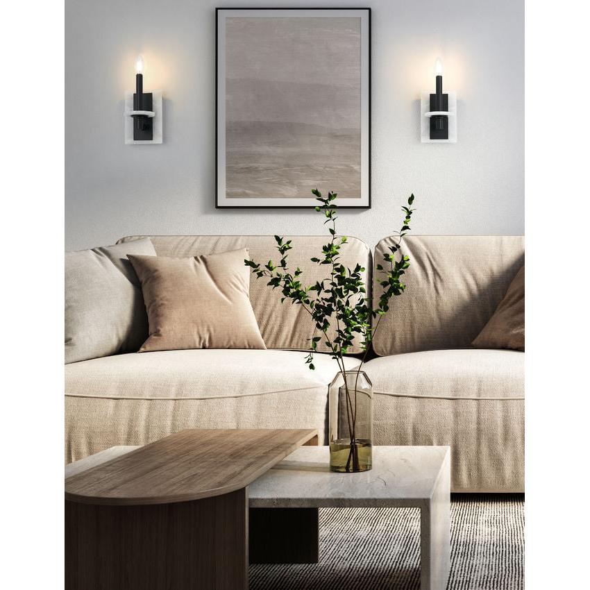 Z-Lite Kaden 1-Light Candelabra Bulb Base Matte Black Steel Frame Stone Alabaster Shade Wall Sconce