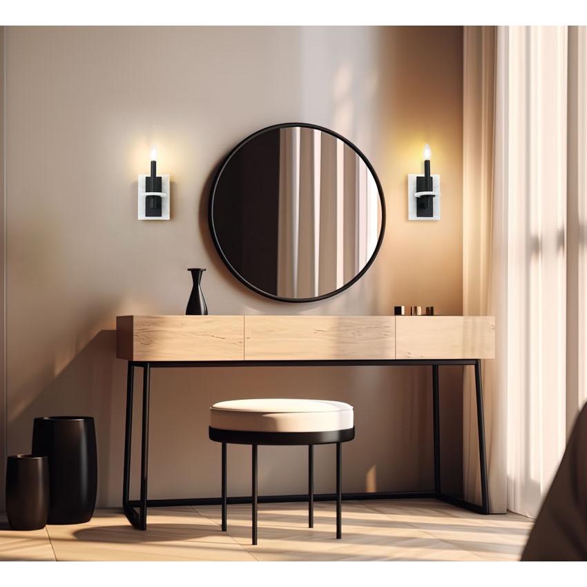 Z-Lite Kaden 1-Light Candelabra Bulb Base Matte Black Steel Frame Stone Alabaster Shade Wall Sconce