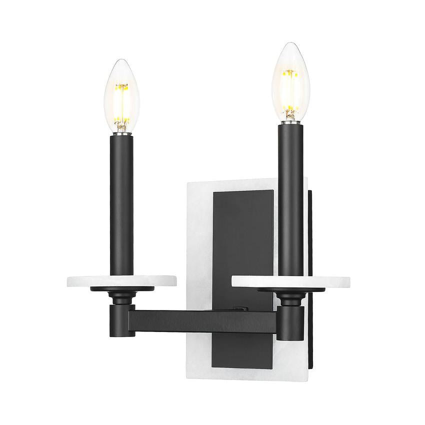 Z-Lite Kaden 2-Light Candelabra Bulb Base Matte Black Steel Frame Stone Alabaster Shade Wall Sconce