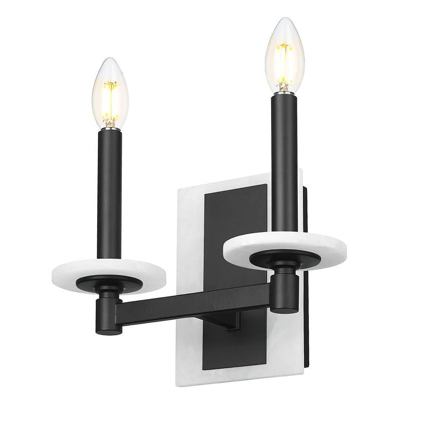 Z-Lite Kaden 2-Light Candelabra Bulb Base Matte Black Steel Frame Stone Alabaster Shade Wall Sconce