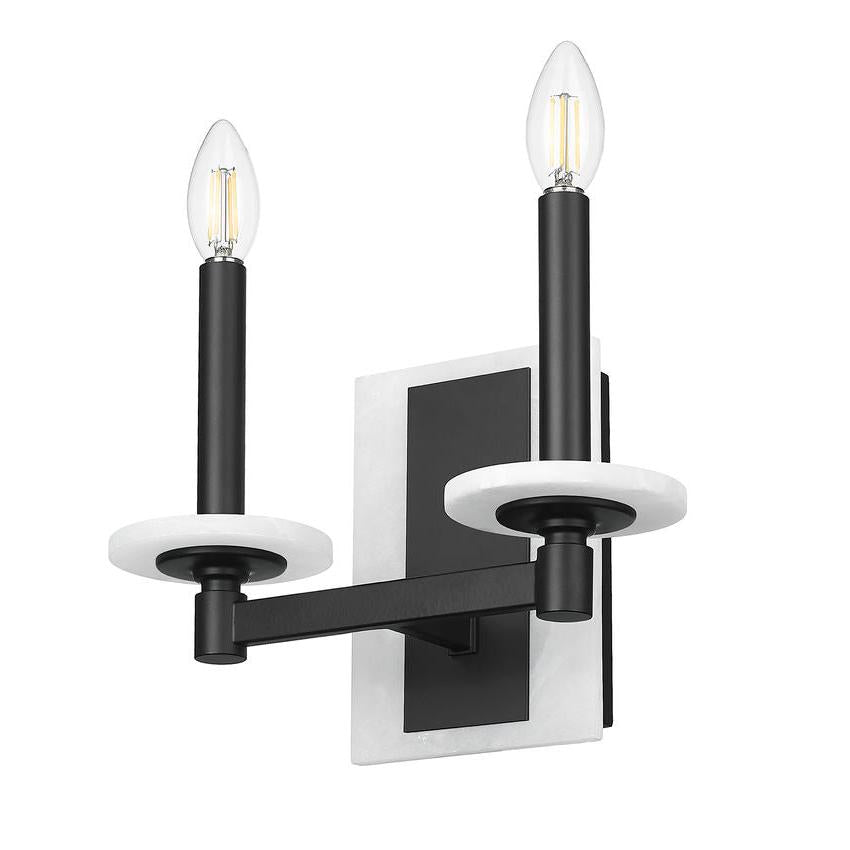 Z-Lite Kaden 2-Light Candelabra Bulb Base Matte Black Steel Frame Stone Alabaster Shade Wall Sconce