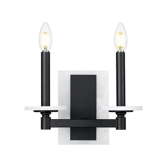 Z-Lite Kaden 2-Light Candelabra Bulb Base Matte Black Steel Frame Stone Alabaster Shade Wall Sconce