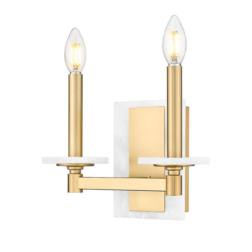 Z-Lite Kaden 2-Light Candelabra Bulb Base Modern Gold Steel Frame Stone Alabaster Shade Wall Sconce