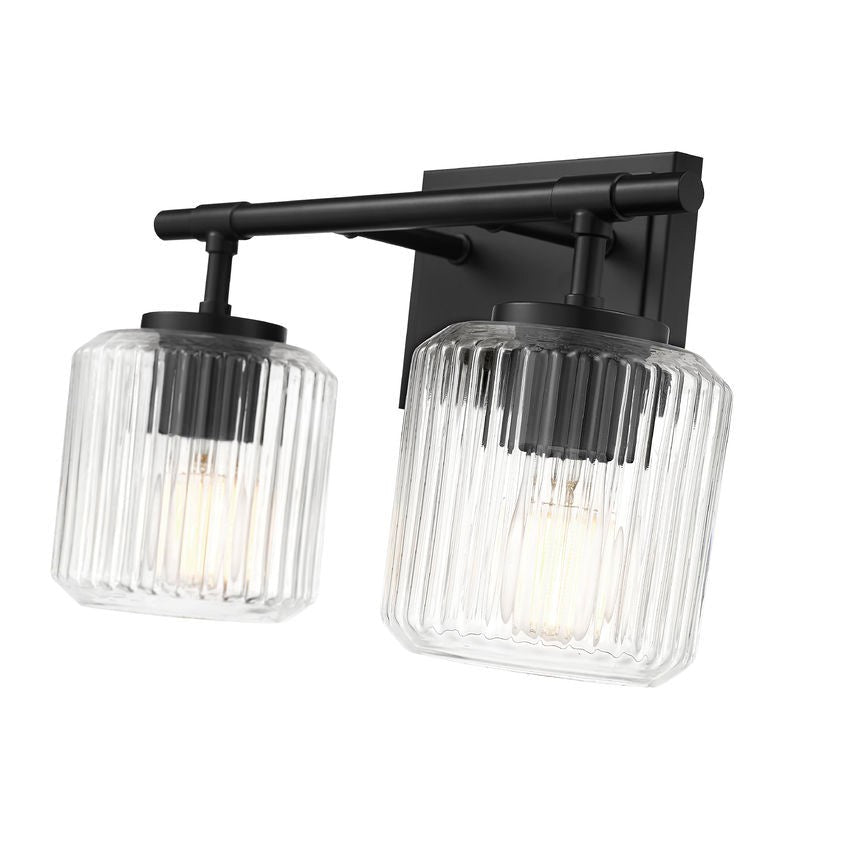 Z-Lite Landon 14" 2-Light Matte Black Clear Ribbed Glass Shade Vanity Light