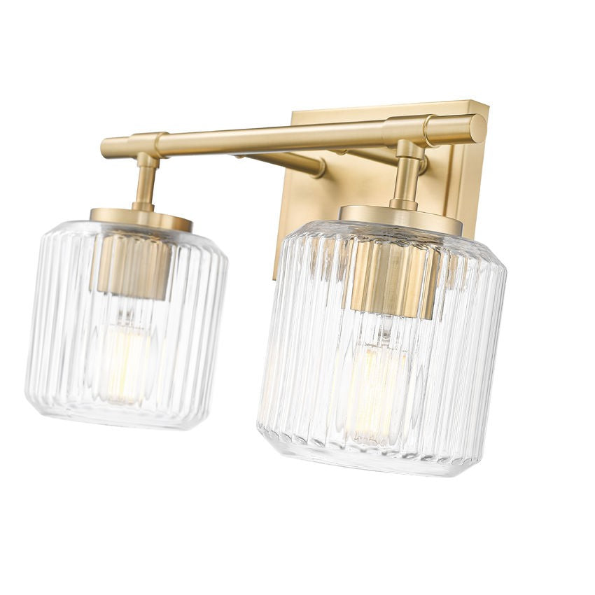 Z-Lite Landon 14" 2-Light Modern Gold Clear Ribbed Glass Shade Vanity Light