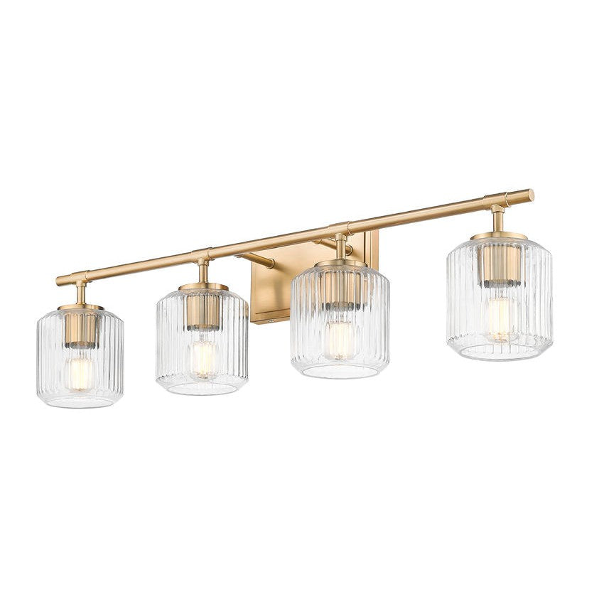 Z-Lite Landon 32" 4-Light Modern Gold Clear Ribbed Glass Shade Vanity Light