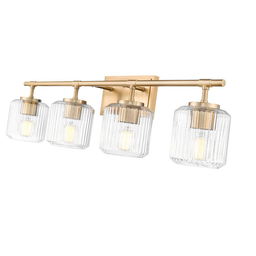 Z-Lite Landon 32" 4-Light Modern Gold Clear Ribbed Glass Shade Vanity Light