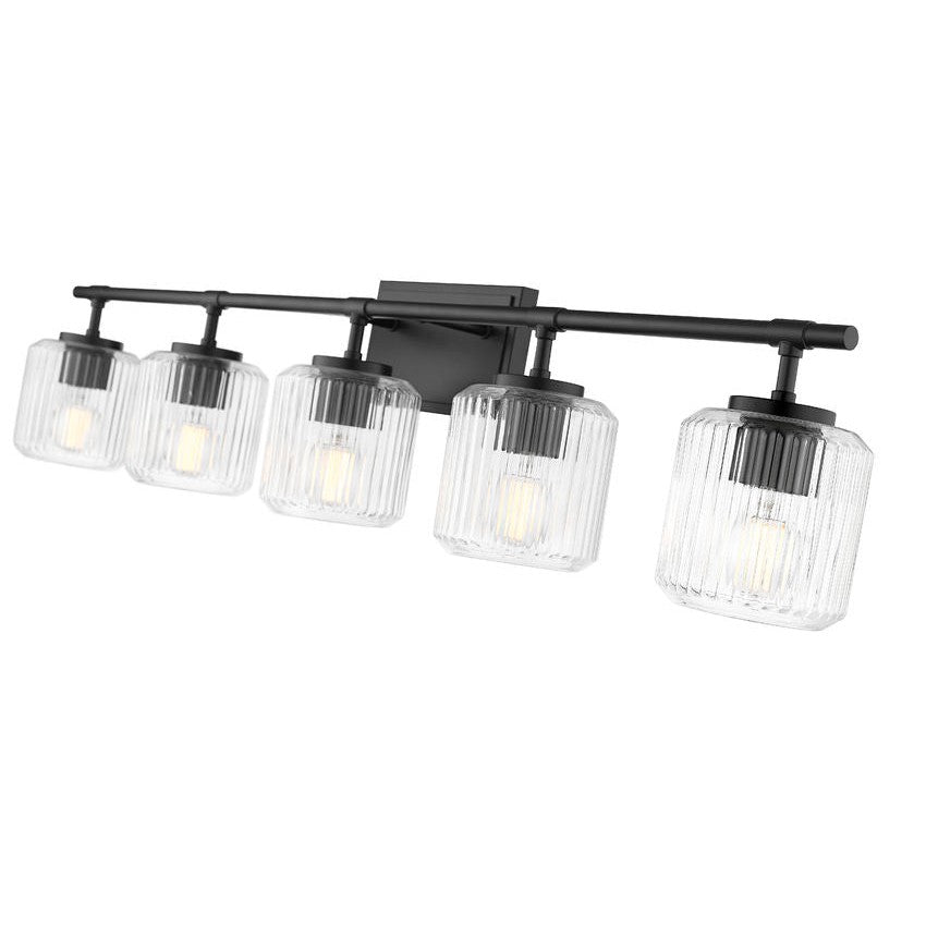 Z-Lite Landon 42" 5-Light Matte Black Clear Ribbed Glass Shade Vanity Light