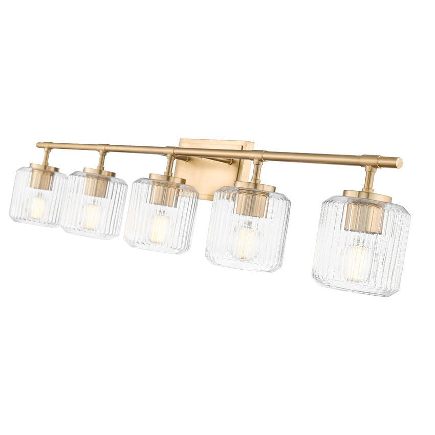 Z-Lite Landon 42" 5-Light Modern Gold Clear Ribbed Glass Shade Vanity Light