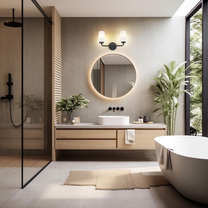 Z-Lite Montford 2-Light Medium Bulb Base Matte Black Steel Frame Matte Opal Glass Shade Vanity Light