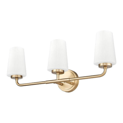 Z-Lite Montford 3-Light Medium Bulb Base Modern Gold Steel Frame Matte Opal Glass Shade Vanity Light