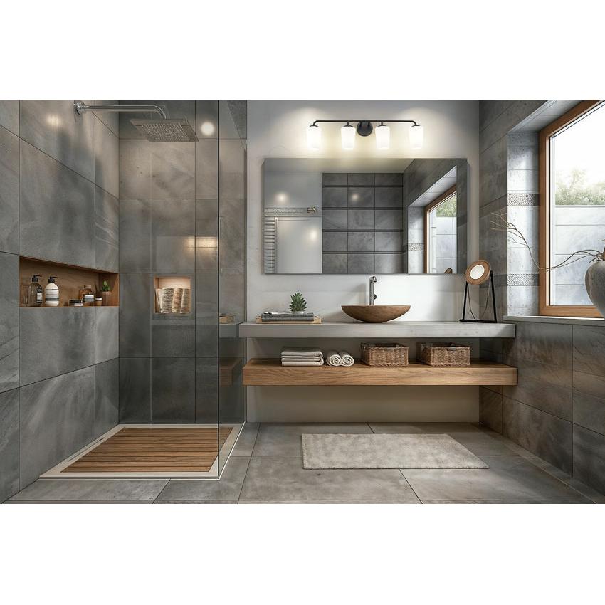 Z-Lite Montford 4-Light Medium Bulb Base Matte Black Steel Frame Matte Opal Glass Shade Vanity Light