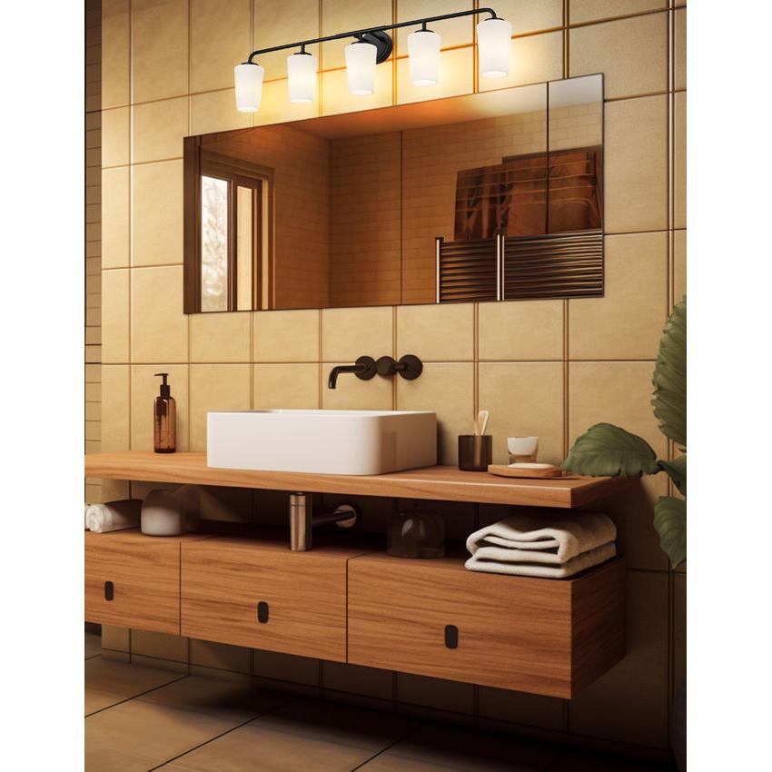 Z-Lite Montford 5-Light Medium Bulb Base Matte Black Steel Frame Matte Opal Glass Shade Vanity Light