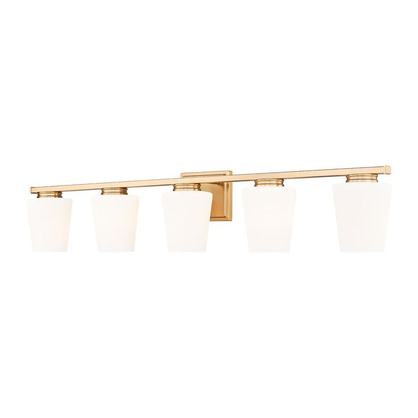 Z-Lite Nextra 42" 5-Light Modern Gold Steel Frame White Opal Glass Shade Vanity Light