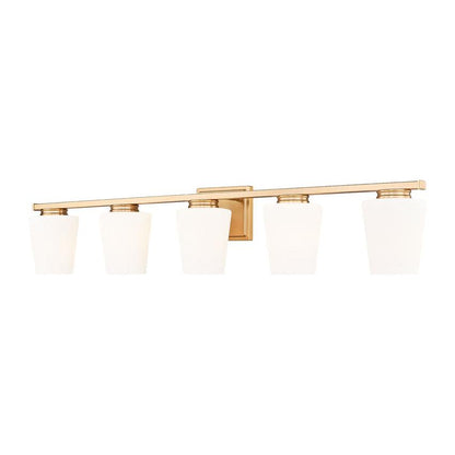 Z-Lite Nextra 42" 5-Light Modern Gold Steel Frame White Opal Glass Shade Vanity Light