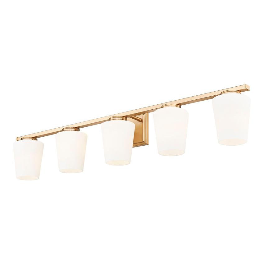Z-Lite Nextra 42" 5-Light Modern Gold Steel Frame White Opal Glass Shade Vanity Light