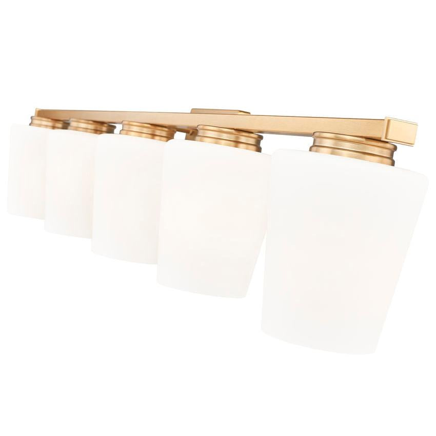 Z-Lite Nextra 42" 5-Light Modern Gold Steel Frame White Opal Glass Shade Vanity Light