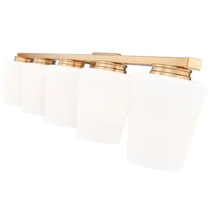 Z-Lite Nextra 42" 5-Light Modern Gold Steel Frame White Opal Glass Shade Vanity Light