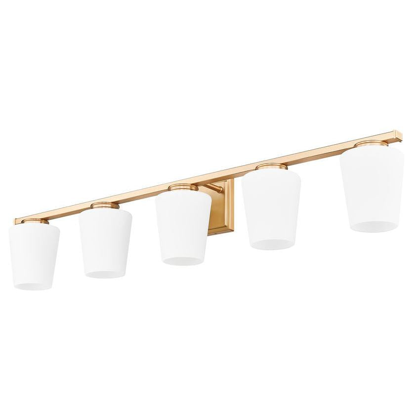 Z-Lite Nextra 42" 5-Light Modern Gold Steel Frame White Opal Glass Shade Vanity Light