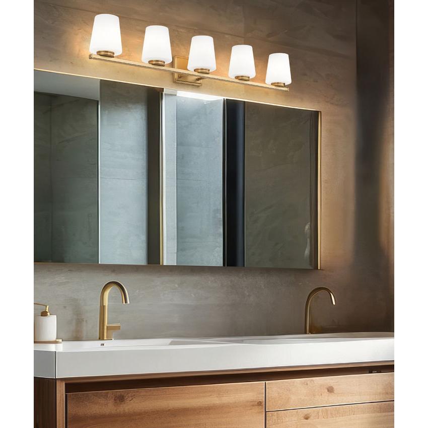 Z-Lite Nextra 42" 5-Light Modern Gold Steel Frame White Opal Glass Shade Vanity Light